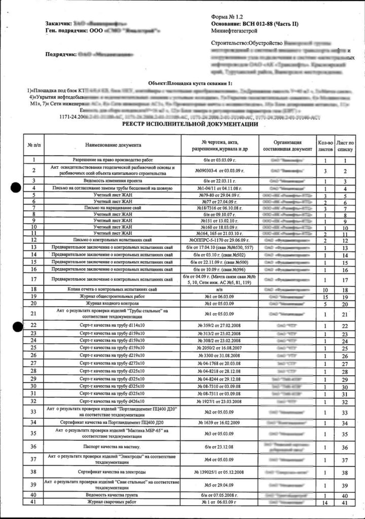 Образец реестра исполнительной документации в строительстве